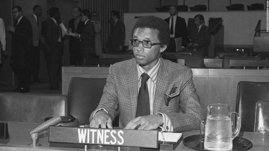 Ashe attends a hearing at the United Nations in New York in 1970. He was campaigning for South Africa to be excluded from the International Tennis Federation. He had earlier been denied a visa by the country's apartheid government.