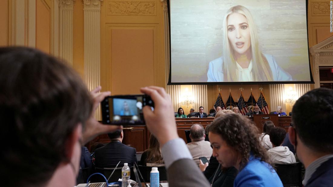 Former White House Senior Adviser Ivanka Trump is seen on a video screen as &lt;a href=&quot;https://www.cnn.com/politics/live-news/january-6-hearings-june-9/h_27be376e9a15bebd7ba4991271b2de94&quot; target=&quot;_blank&quot;&gt;a clip of her testimony&lt;/a&gt; is played during the first hearing. In the clip, she said she accepted there was no fraud sufficient to overturn the election.