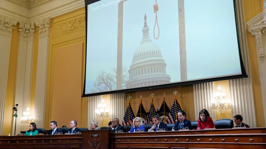 An image of a makeshift noose and gallows, seen on the Capitol grounds on January 6, is shown by the committee during &lt;a href=&quot;https://www.cnn.com/2022/06/09/politics/jan-6-hearing-takeaways-thursday/index.html&quot; target=&quot;_blank&quot;&gt;its presentation on June 9.&lt;/a&gt; The presentation showed a now-infamous clip of Trump supporters chanting, &quot;Hang Mike Pence.&quot; Trump had criticized the vice president for announcing that he would not overturn the results of the 2020 election.