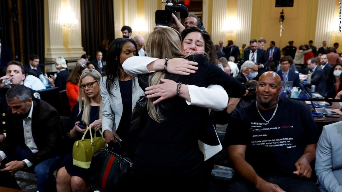 Capitol Police officer Caroline Edwards embraces Sandra Garza, partner of the late Capitol Police officer Brian Sicknick, after testifying on June 9. Sicknick suffered strokes and died of natural causes one day after responding to the attack on January 6.