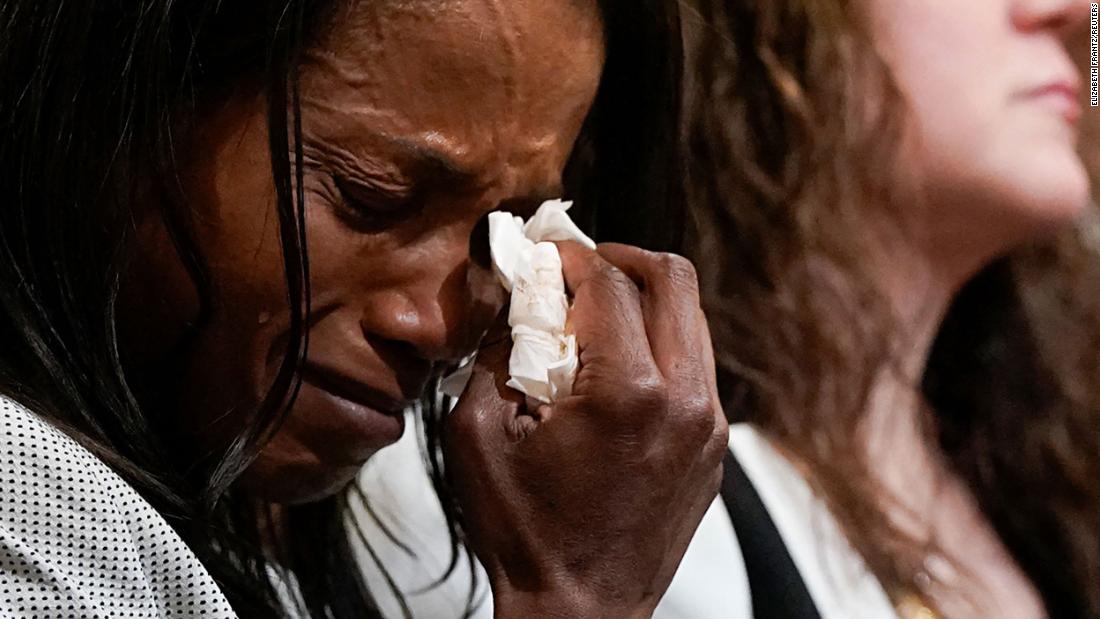 Serena Liebengood, widow of Capitol Police officer Howie Liebengood, cries as she attends the committee&#39;s hearing on June 9.