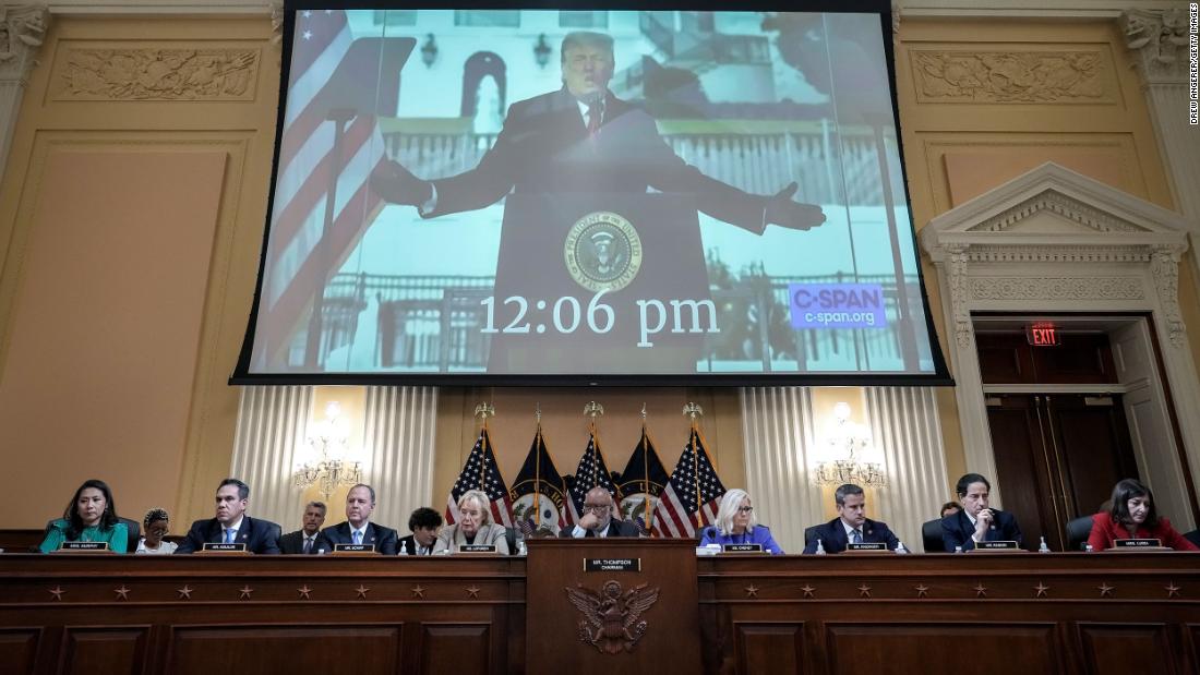 Trump is displayed on a screen during the June 9 hearing.