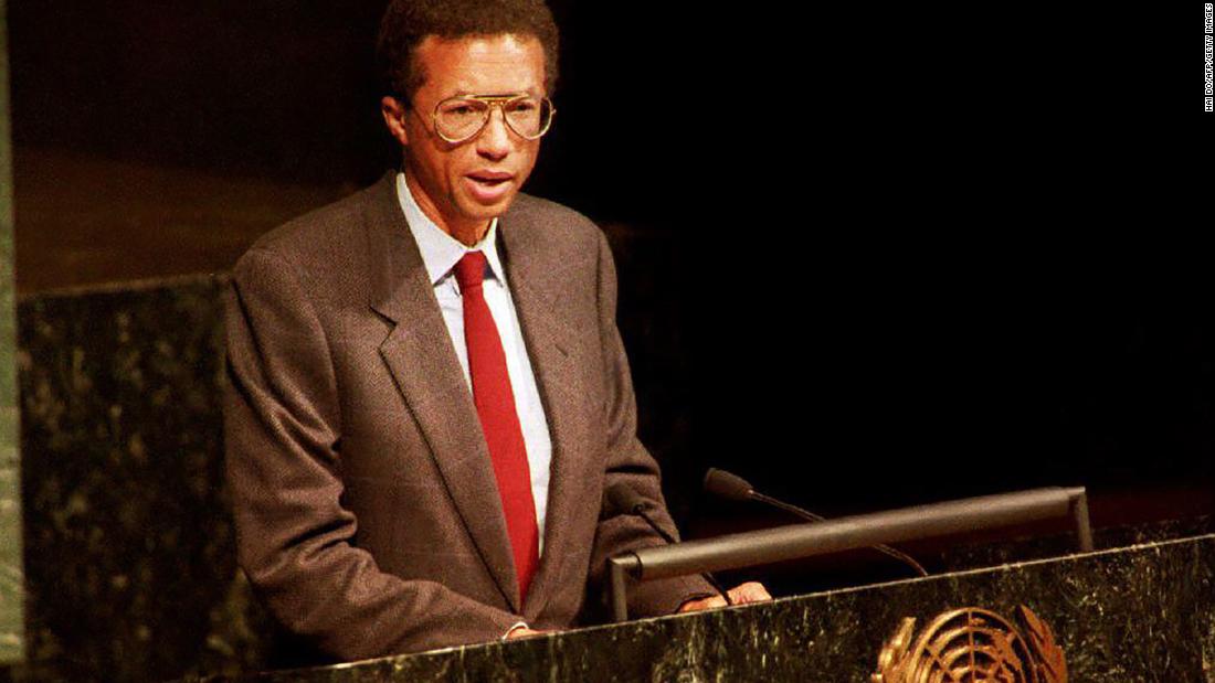 Ashe addresses the World Health Organization during a meeting on World AIDS Day in 1992. He founded the Arthur Ashe Foundation for the Defeat of AIDS.