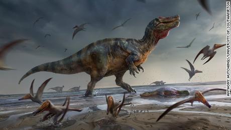 На цій ілюстрації зображено страшний острів Уайт Спінозаврид, як він ожив.