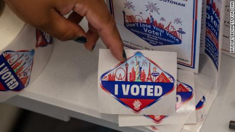 An &quot;I voted&quot; sticker at a polling location during early voting for Nevada&#39;s primary election on June 1, 2022 in Las Vegas, Nevada.