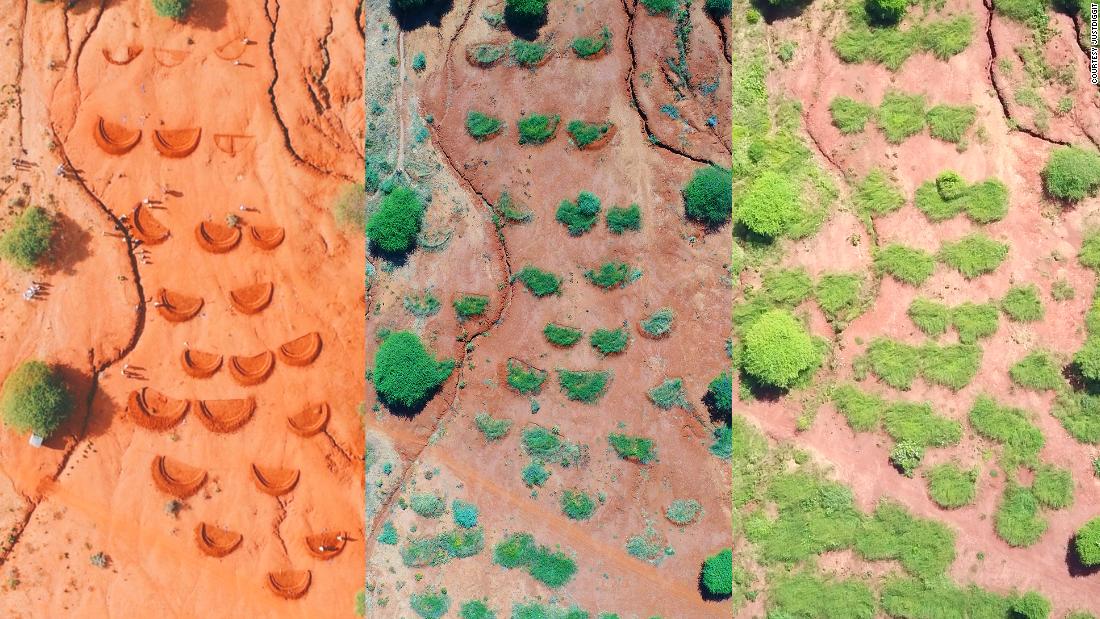 A composite image from 2018-2020 of bunds regreening an area of Pembamoto, Tanzania. The local community left the area to regreen over the course of three years before beginning to harvest grass sustainably for fodder. 