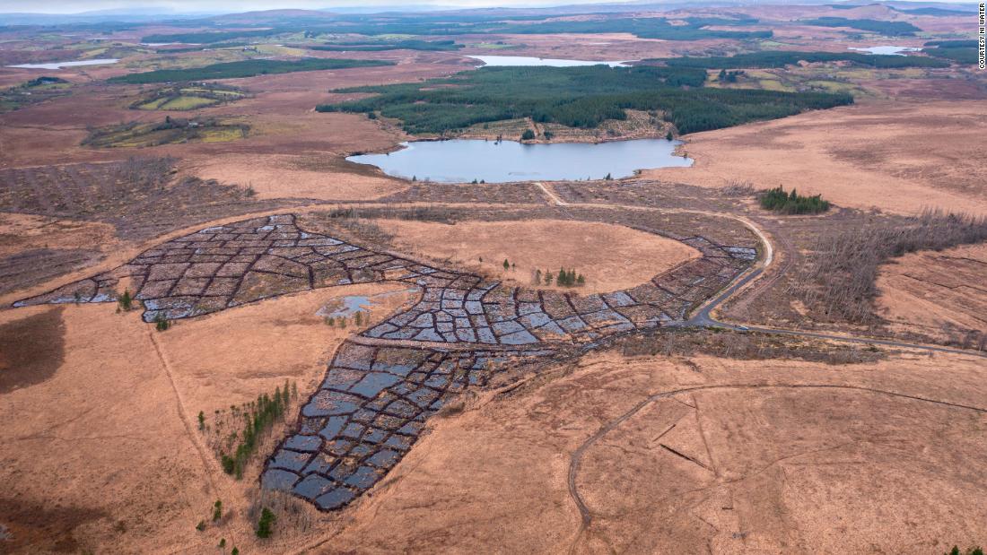 An aerial photograph of cell bunding on peatland that had been a tree plantation in Tullychurry, Northern Ireland. By removing trees and installing cell bunding -- which creates water-tight pockets -- Norther Ireland Water tried to determine if bunding could restore peatland, which naturally filters the country&#39;s drinking water. 
