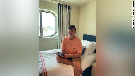 Fifteen-year-old Elijah is pictured on the Carnival Cruise ship en route to Miami from Aruba.