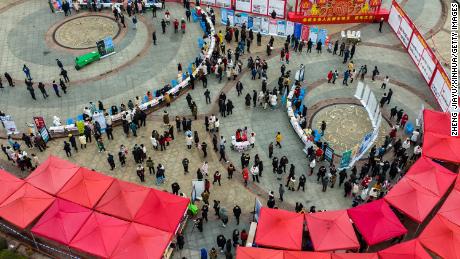 Aerial photo shows a job fair held in Zigui, central China&#39;s Hubei Province, Feb. 8, 2022. 