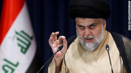 Iraqi Shiite cleric Moqtada al-Sadr speaks after preliminary results of Iraq&#39;s parliamentary election were announced in Najaf, Iraq on October 11, 2021. 