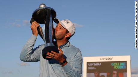 Schwartzel celebrates during the inaugural LIV Golf series event in London. 