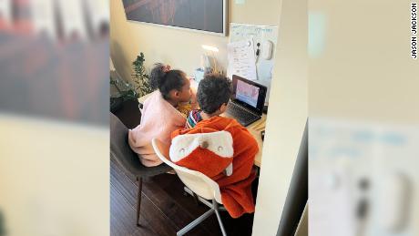 (From left) Jason Jackson&#39;s two older children, 5-year-old Luna and 7-year-old Santiago, are attending school online until their younger brother can be vaccinated.