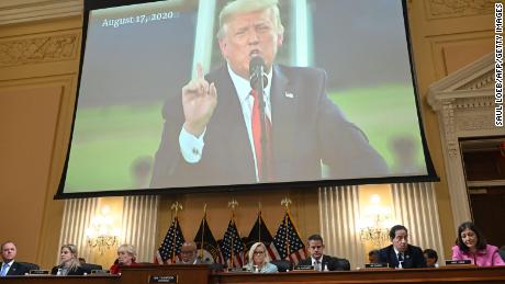 A video image of former President Donald Trump is seen on a screen during a House Select Committee hearing to Investigate the January 6th attack on the U.S. Capitol, in Washington, D.C. on June 13, 2022. 
