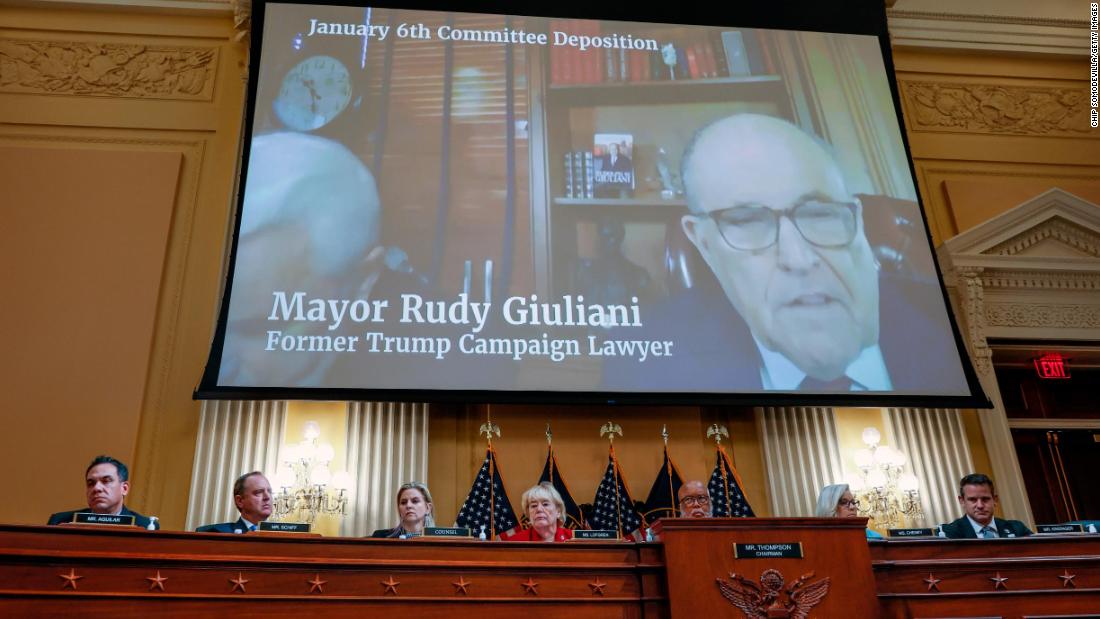 Recorded testimony from former Trump adviser Rudy Giuliani is played during the June 13 hearing. The committee said it had evidence showing how Trump cast aside his legal team after his election loss and replaced them with conspiracy-pushing advisers like Giuliani. &quot;Trump rejected the advice of his campaign experts on election night, and instead followed the course recommended by an apparently inebriated Rudy Giuliani, to just claim that he won,&quot; &lt;a href=&quot;https://www.cnn.com/politics/live-news/january-6-hearings-june-13/h_46f5ed06ecf282e17c9e79a816f634ae&quot; target=&quot;_blank&quot;&gt;Cheney said in her opening statement.&lt;/a&gt; The panel later played a clip from Trump spokesman Jason Miller, whose said in his deposition that &quot;the mayor was definitely intoxicated&quot; at the White House on election night. Giuliani has denied any wrongdoing related to the efforts to overturn the election.