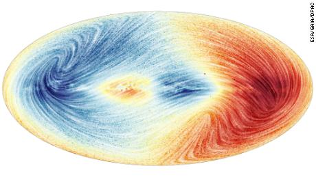 Gegevens van Gaia onthullen de snelheid waarmee meer dan 30 miljoen sterren in de Melkweg naar of van de aarde af bewegen.  Blauw toont gebieden van de lucht waar het voortschrijdend gemiddelde naar ons toe beweegt en rood toont gebieden waar het voortschrijdend gemiddelde van ons af beweegt. 