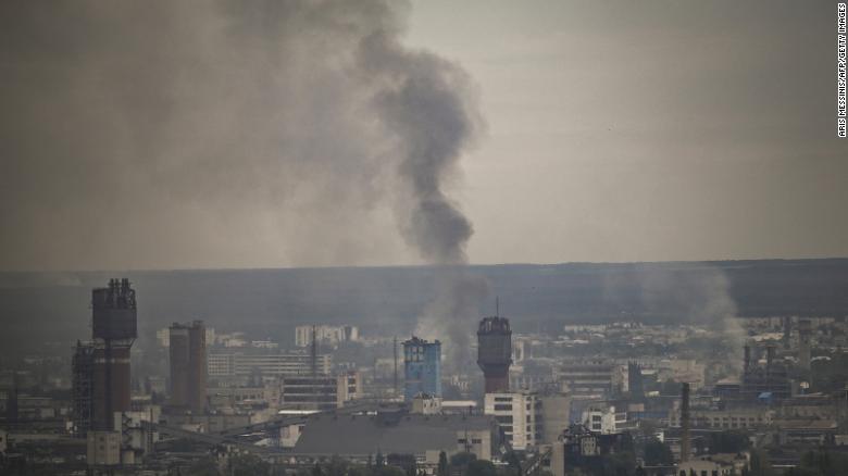 Smoke rises from the city of Severodonetsk in the eastern Ukrainian region of Donbas on Monday, June 13, 2022.