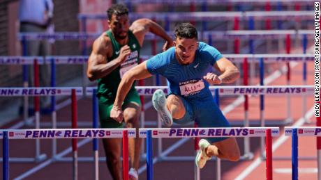 Devon Allen wins the men&#39;s 100 Hurdle elite race during the 126th running of the Penn Relays on April 30, 2022.