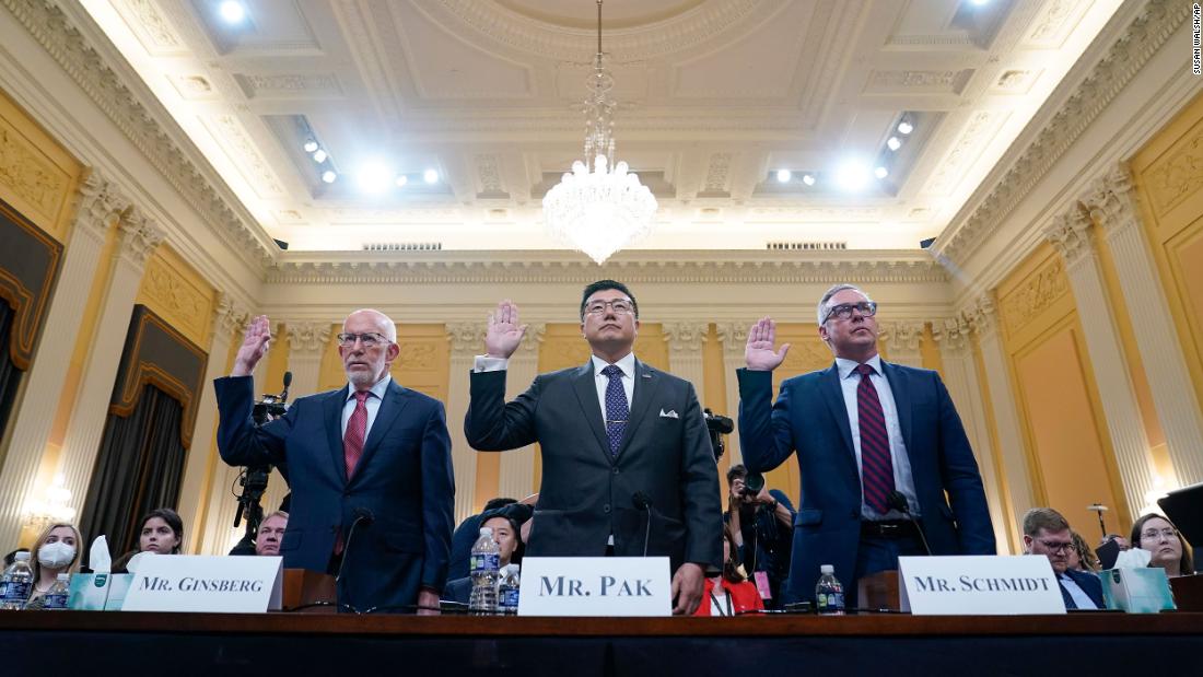 From left, conservative election attorney Benjamin Ginsberg, former US attorney BJay Pak and former Philadelphia city commissioner Al Schmidt are sworn in to testify on June 13. They all said it was clear Biden won the 2020 election and that Trump&#39;s claims of fraud were not factual.