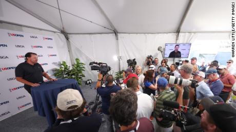 Mickelson speaks to the media during a press conference prior to the 2022 US Open.
