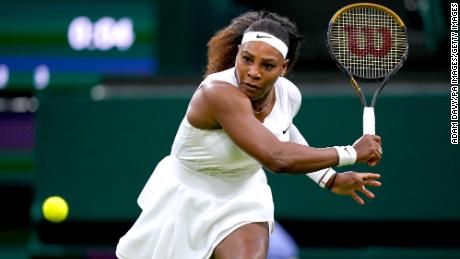 Serena Williams in action during her Wimbledon first round singles match against Aliaksandra Sasnovich on Centre Court on June 29, 2021. 