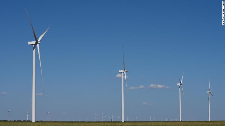 Wind turbines generate power on a farm near Throckmorton, Texas.