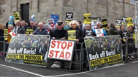 Campaigners from the Border Communities against Brexit protest outside Hillsborough Castle during Prime Minister Boris Johnson's visit to Northern Ireland.