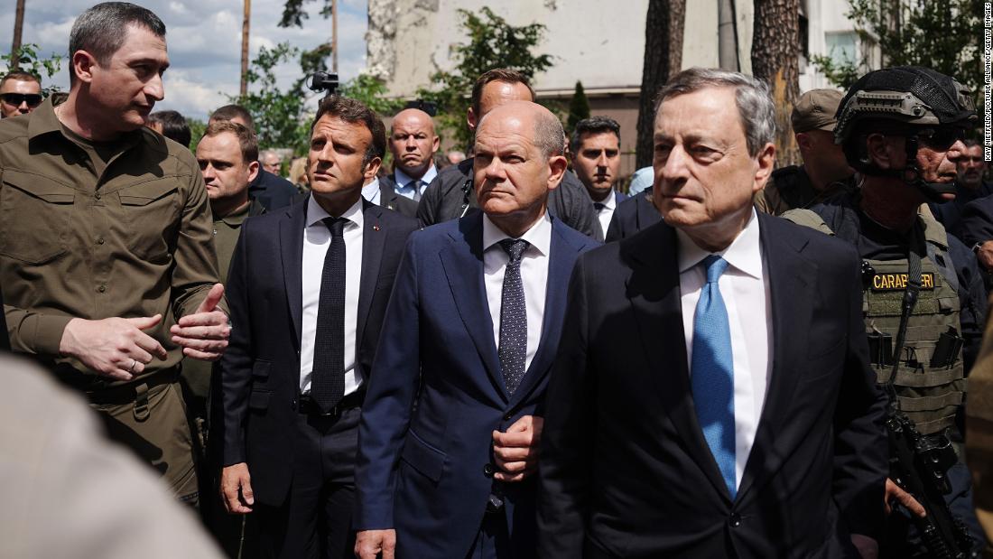 Oleksiy Chernyshov, Ukrainian President Zelensky's special envoy for EU accession, walks with &lt;a href=&quot;https://edition.cnn.com/europe/live-news/russia-ukraine-war-news-06-16-22/h_ec3d0a0d6321a9206f39ebce9e1d255f&quot; target=&quot;_blank&quot;&gt;French President Emmanuel Macron, German Chancellor Olaf Scholz and Italian PM Mario Draghi&lt;/a&gt; past destroyed buildings in Irpin, Ukraine, on June 16.