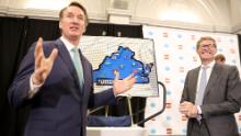 RICHMOND, VIRGINIA - JUNE 15: The governor of Virginia Glenn Youngkin (C) and the CEO of The Lego Group Niels B. Christiansen (R) speak during a press event where The LEGO Group is announcing to build a US $1 billion, carbon-neutral run factory in Virginia, USA. (Photo by Tasos Katopodis/Getty Images  for The LEGO Group )