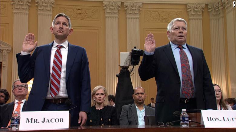 Greg Jacob and J. Michael Luttig are sworn in before testifying during the hearing Thursday.