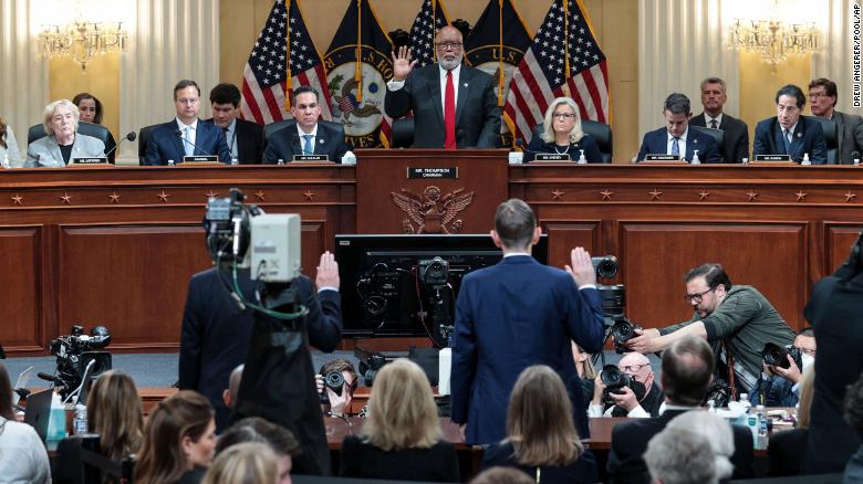 Chairman Bennie Thompson swears-in Greg Jacob, who was counsel to former Vice President Mike Pence, center right, and Michael Luttig, a retired federal judge, to testify at a House select committee hearing Thursday,. 