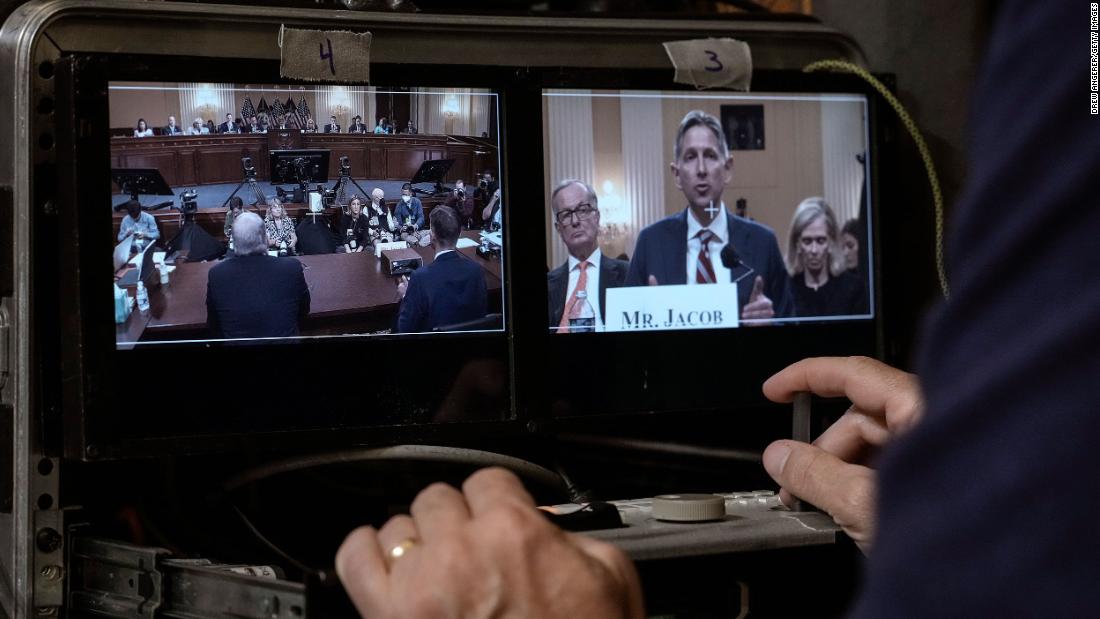 Testimony from Greg Jacob, former counsel to Pence, is seen on a screen as he speaks on June 16. &lt;a href=&quot;https://www.cnn.com/politics/live-news/january-6-hearings-june-16/h_322fb3374952511929590b31b79edbd0&quot; target=&quot;_blank&quot;&gt;Jacob told the committee&lt;/a&gt; that Pence&#39;s legal team reviewed every election in American history as they examined whether a sitting vice president had the authority to reject Electoral College votes. &quot;No vice president in 230 years of history had ever claimed to have that kind of authority,&quot; Jacob said.
