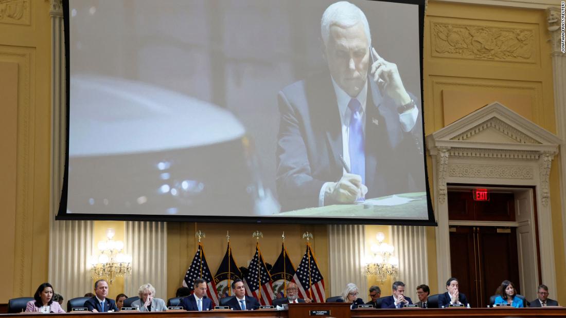 A photo of then-Vice President Mike Pence is displayed over the committee during a hearing on June 16. In the photo, Pence is speaking on the phone from a secure location during the January 6 riot. &lt;a href=&quot;https://www.cnn.com/politics/live-news/january-6-hearings-june-16/h_95accf46d29724f6cac148ef54cd92e0&quot; target=&quot;_blank&quot;&gt;Pence did not want to be seen as fleeing the Capitol,&lt;/a&gt; according to testimony provided to the committee by advisers and aides who were working for him at the time.