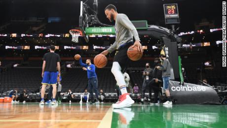 Stephen Curry of the Golden State Warriors dribbles during 2022 NBA Finals Practice and Media Availability on June 15, 2022  at the TD Garden in Boston, Massachusetts. 