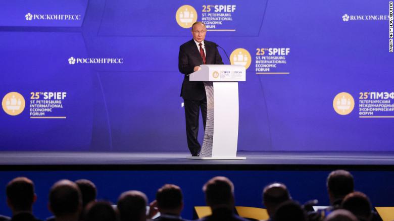 Russian President Vladimir Putin delivers a speech during a session of the St. Petersburg International Economic Forum in St. Petersburg on June 17, 2022.