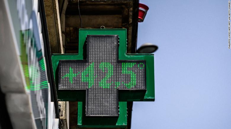 This photograph taken on June 17 shows a pharmacy sign displaying the temperature of 42.5 degrees Celsius in Bordeaux, south-western France. 