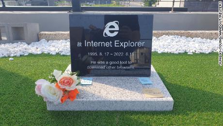 A tongue-in-cheek tombstone for the Internet Explorer browser, set up by software engineer Jung Ki-young on the rooftop of a cafe in Gyeongju, South Korea, on June 17, 2022. 