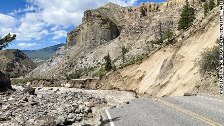 North Entrance Road is washed out by flooding in Yellowstone National Park on June 15.