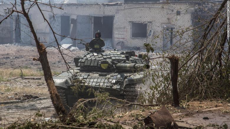 A Ukrainian tank is in position during heavy fighting on the front line in Severodonetsk on June 8.