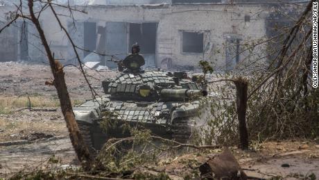 A Ukrainian tank stands in position during heavy fighting on the front line in Severodonetsk on June 8.