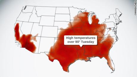 Regions of the eastern US, Southwest and California with be hit by temperatures over 90 degrees this week. 