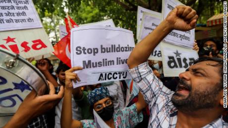 A demonstration against the state government demolition of the house of a local Muslim leader in Prayagraj on June 13. The demolition followed clashes after controversial remarks made by two BJP officials about the Prophet Mohammed. 