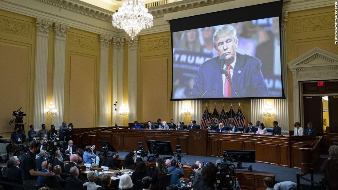 Video of Trump is seen over the committee during the hearing on June 21.