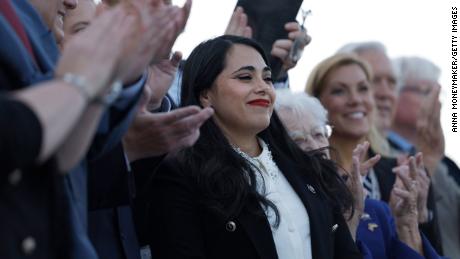 WASHINGTON, DC - JUNE 21:  U.S. Rep. Mayra Flores (R-TX) is applauded by House Republicans at a news conference after being sworn in at the Capitol Building on June 21, 2022 in Washington, DC. Flores was elected to fill the seat held by Democratic Rep. Filemon Vela, who resigned from office in March. She is the first Mexican-born woman elected to Congress.  