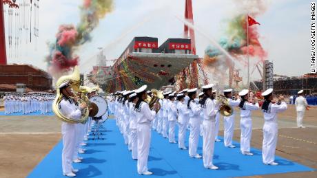 The launch ceremony for China&#39;s third aircraft carrier, the Fujian, at Jiangnan Shipyard in Shanghai, on June 17.