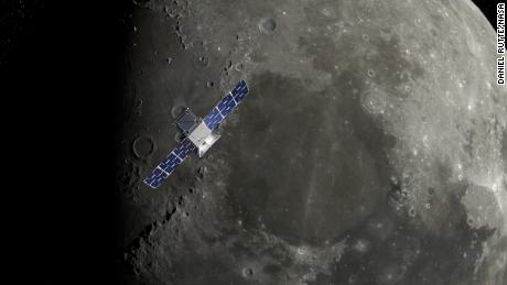 Šajā ilustrācijā CAPSTONE ir redzams virs Mēness ziemeļpola.