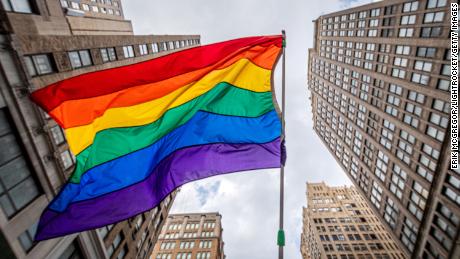 A rainbow flag seen flying in Manhattan, New York, in support of LGBTQ rights.
