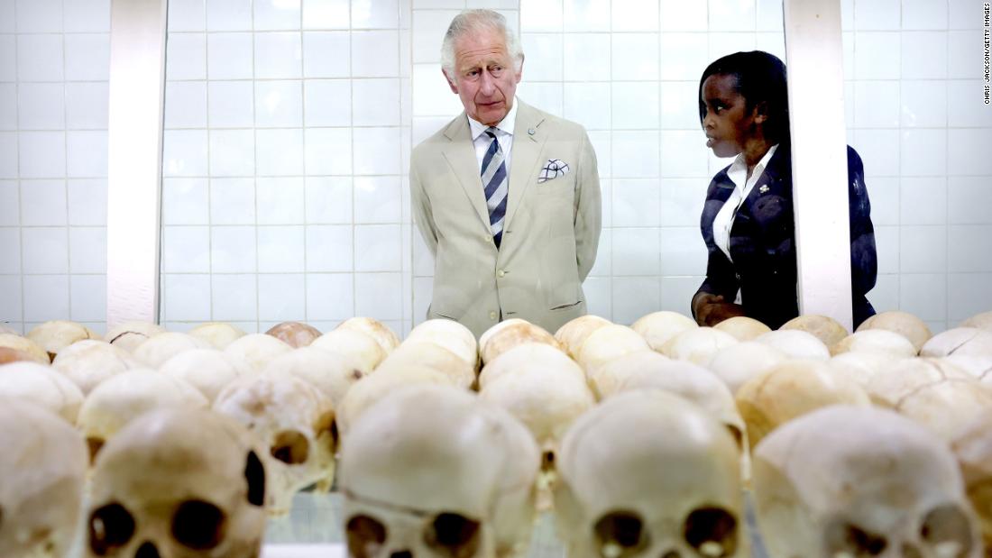 Charles is shown skulls of victims during a visit to the Nyamata Church Genocide Memorial in Nyamata, Rwanda, in June 2022. In 1994, Hutu extremists targeted minority ethnic Tutsis and moderate Hutus in a three-month killing spree that left an estimated 800,000 people dead, though local estimates are higher.