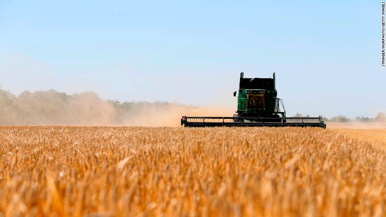 Ukrainian farmers harvest barley fields in Odesa region, Ukraine, on June 22, 2022.