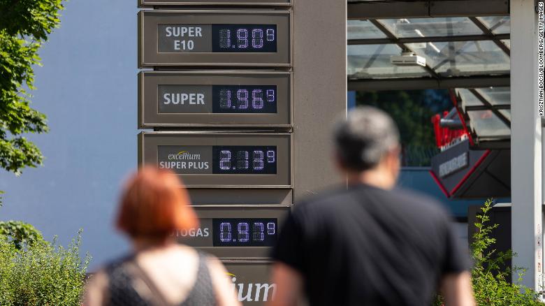 Fuel prices are displayed on a sign at a gas station in Berlin, Germany, on June 17, 2022.