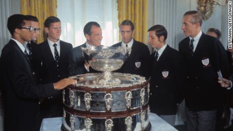 President Nixon hosts the US Davis Cup team at the White House.  Left to right: Arthur Ash;  Clark Grebner;  Dennis Ralston, coach;  President Nixon;  Donald Doll;  Bob Lutz and Stan Smith.